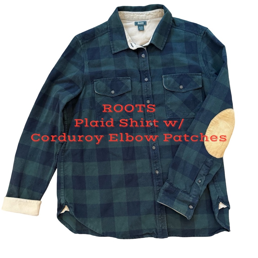 Roots Green and Blue Plaid Shirt with Corduroy Elbow Patches
